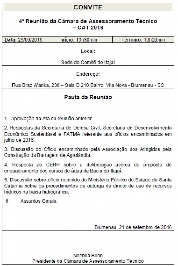 Convite para 4ª Reunião da Câmara de Assessoramento Técnico – CAT 2016