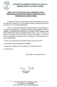 EDITAL DE CONVOCAÇÃO PARA ASSEMBLÉIA GERAL ORDINÁRIA DO COMITÊ DE GERENCIAMENTO DA BACIA HIDROGRÁFICA DO RIO TIMBÓ