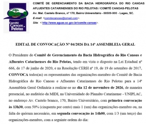 Comit&ecirc; Canoas e Pelotas convoca organiza&ccedil;&otilde;es-membro para 14&ordf; Assembleia Geral
