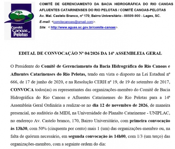 Comit&ecirc; Canoas e Pelotas convoca organiza&ccedil;&otilde;es-membro para 14&ordf; Assembleia Geral
