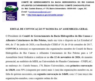 Comit&ecirc; Canoas e Pelotas convoca organiza&ccedil;&otilde;es-membro para 14&ordf; Assembleia Geral